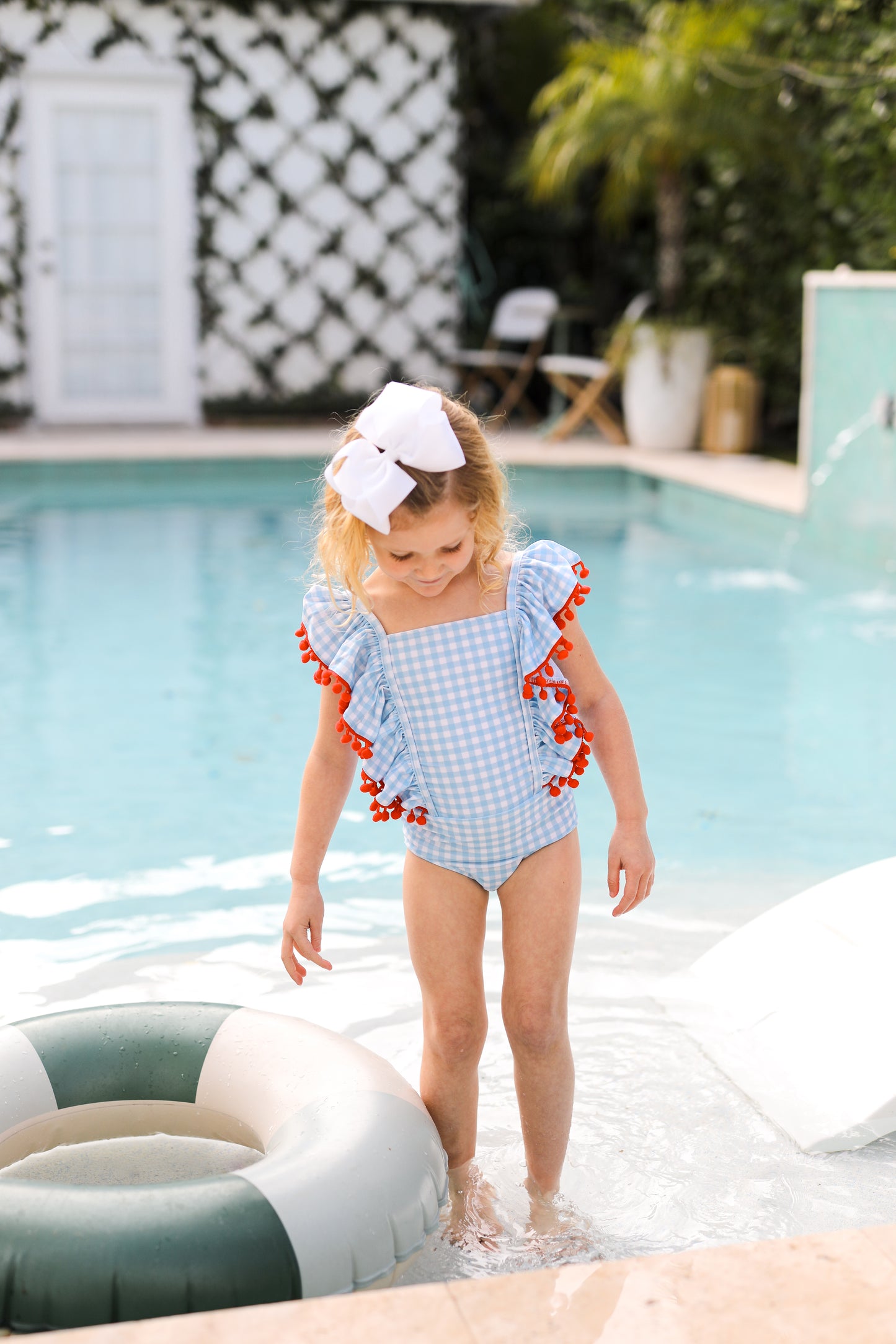 Blue Gingham Red Pom Pom Lycra Swimsuit