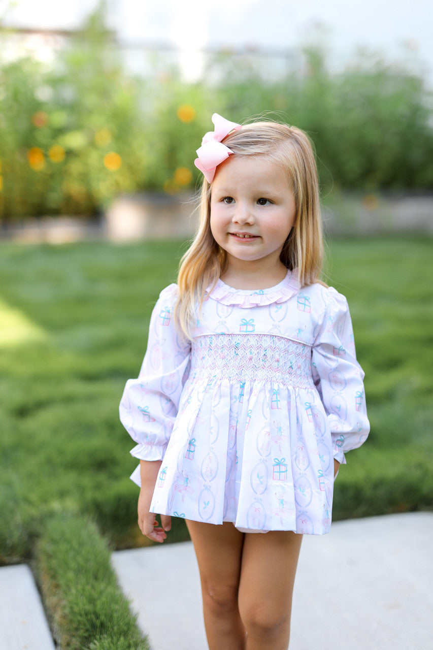 Pink Smocked Holiday Ballerina Diaper Set