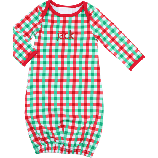 Green And Red Check Knit Baby Gown