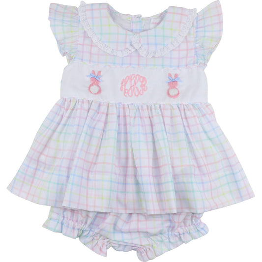 Pastel Windowpane Embroidered Bunny Diaper Set