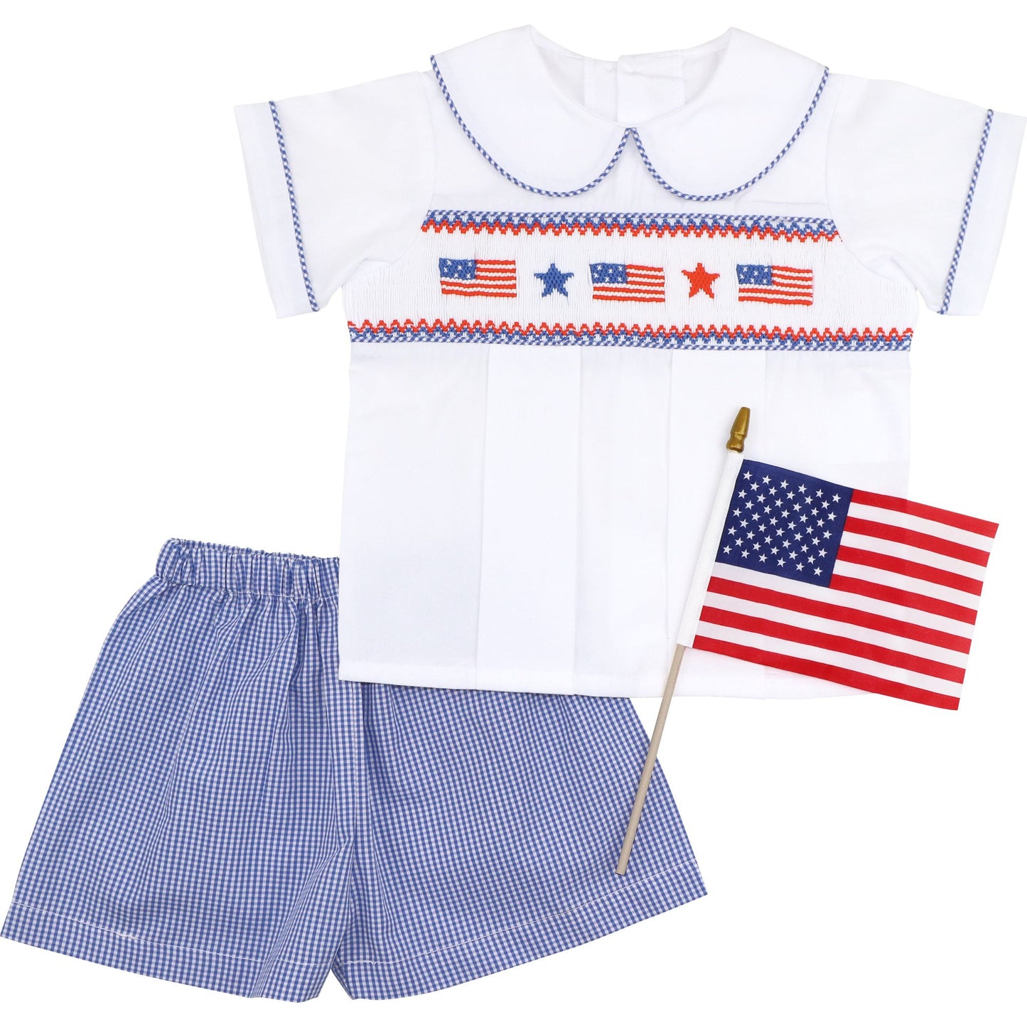 Navy Gingham Smocked Flag And Star Short Set