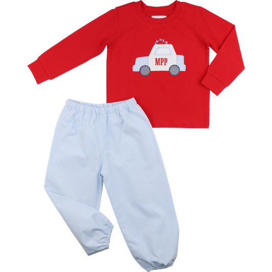 Red And Blue Gingham Applique Police Car Pant Set