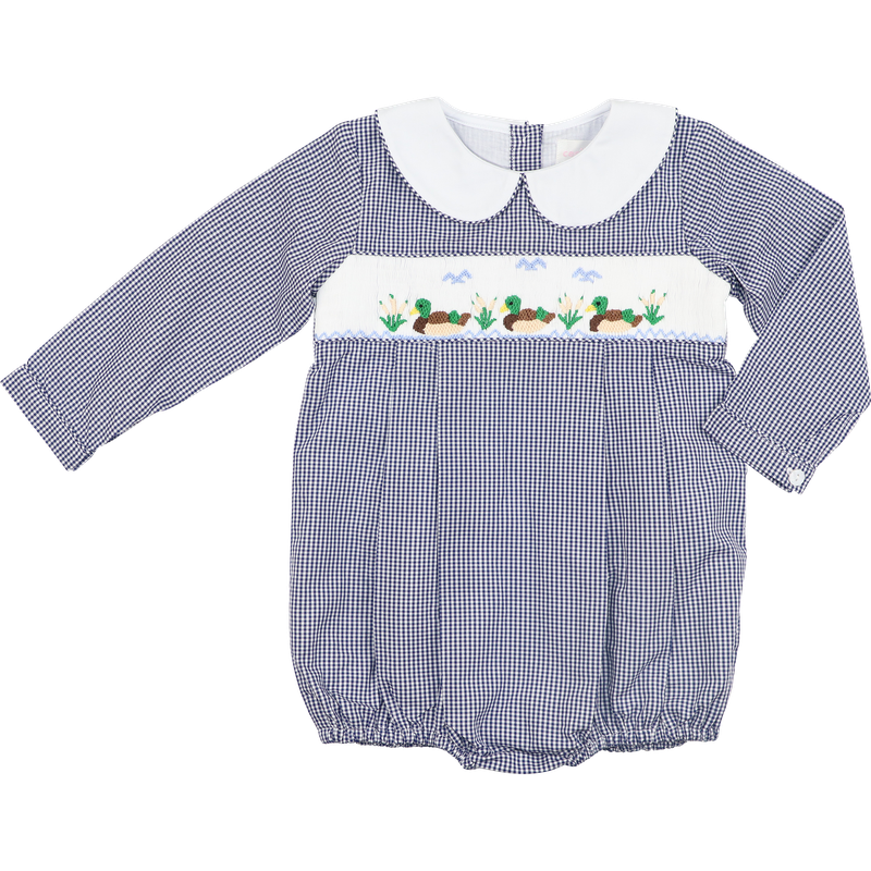 Navy Gingham Smocked Mallards Bubble