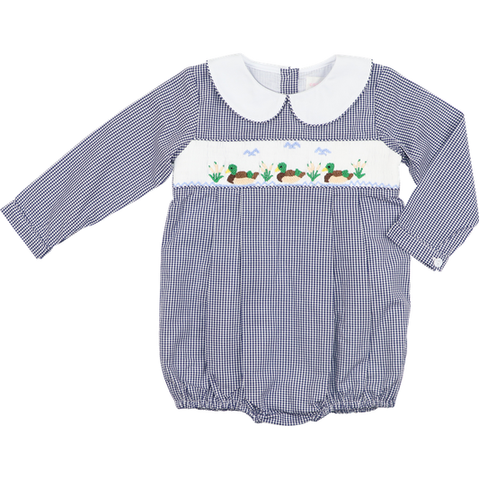 Navy Gingham Smocked Mallards Bubble