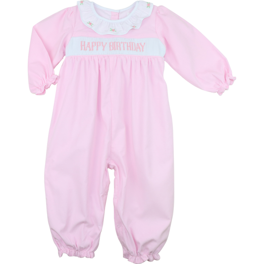 Pink Corduroy Smocked Happy Birthday Long Bubble