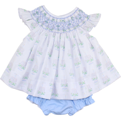 Blue Smocked Birthday Cake Diaper Set