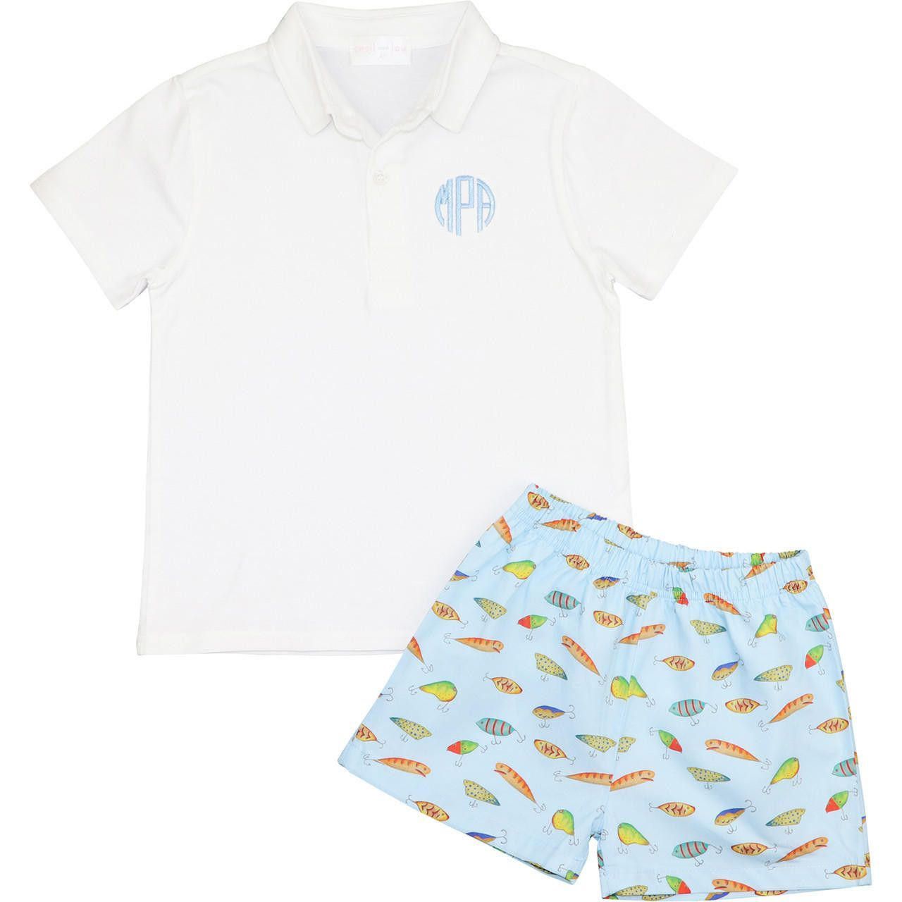 Blue Fishing Lure Polo Short Set