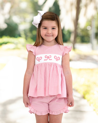 Pink Seersucker Smocked Short Set