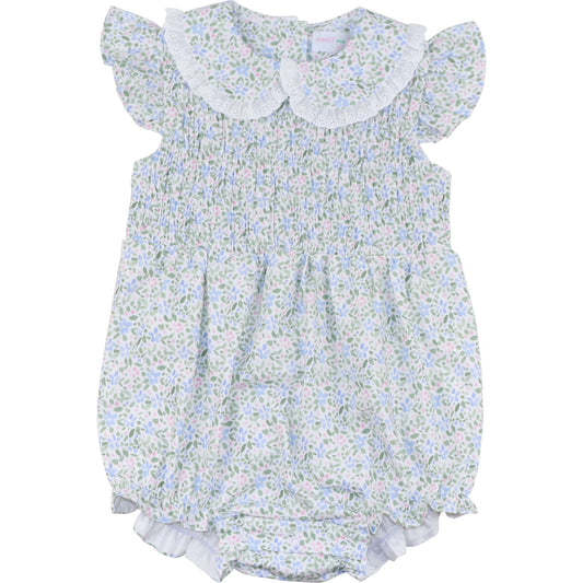 Blue And Green Mini Floral Smocked Bubble