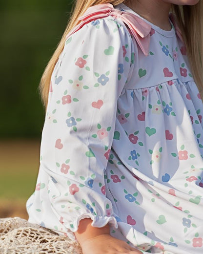 Flower And Heart Print Knit Bow Dress