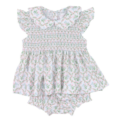 Floral Scalloped Collar Smocked Diaper Set