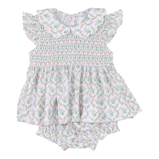 Floral Scalloped Collar Smocked Diaper Set