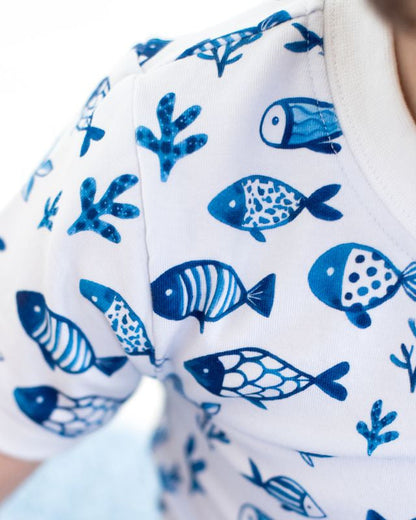 Navy And White Fish Print Knit Pajamas