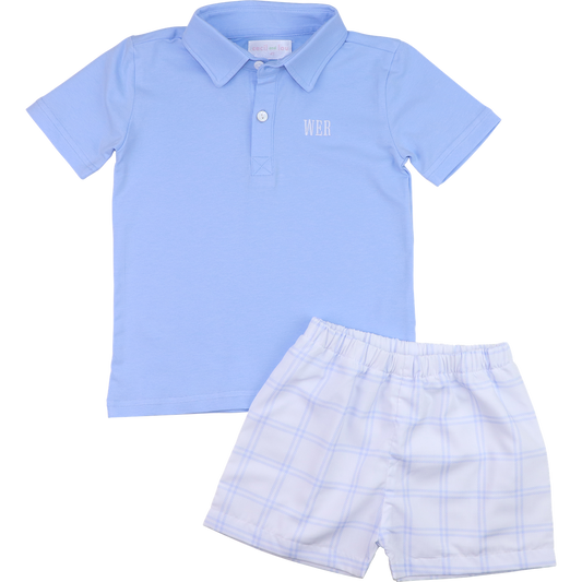 Blue And White Plaid Polo Short Set