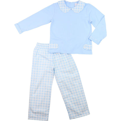 Blue Knit Plaid Tab Pant Set