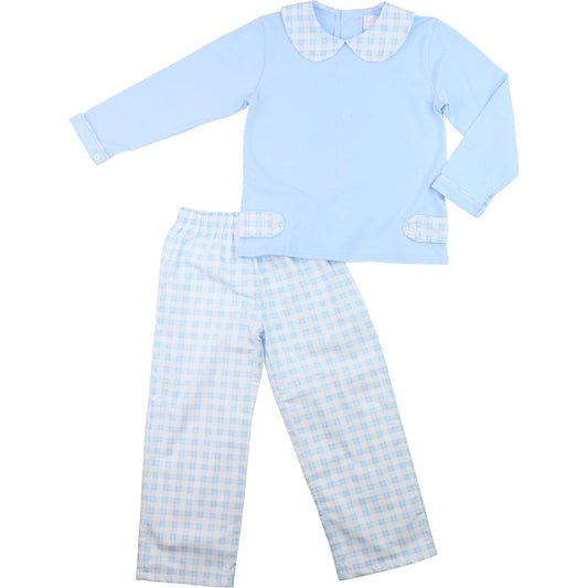 Blue Knit Plaid Tab Pant Set