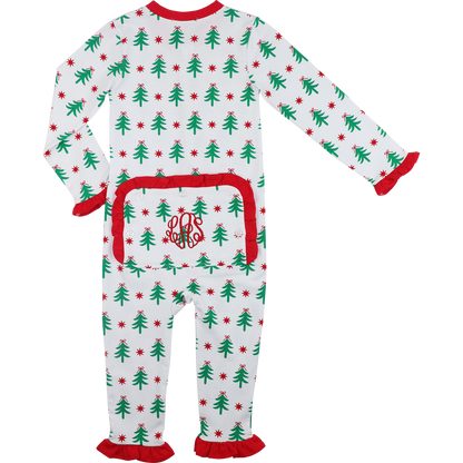 Red And Green Knit Christmas Tree Ruffle Zipper Pajamas