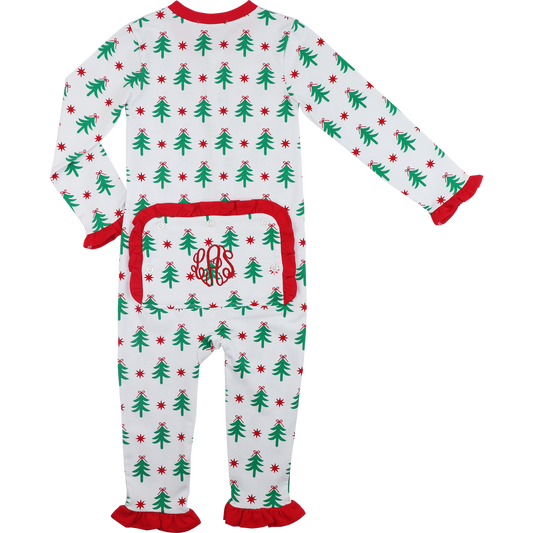 Red And Green Knit Christmas Tree Ruffle Zipper Pajamas