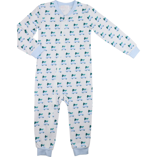 Blue Car And Christmas Tree Knit Zipper Pajamas