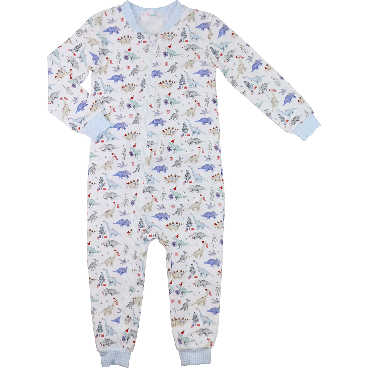 Blue Gingham Knit Holiday Dinosaur Zipper Pajamas