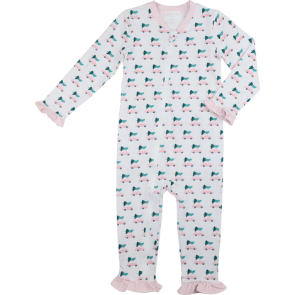 Pink Car And Christmas Tree Knit Zipper Pajamas