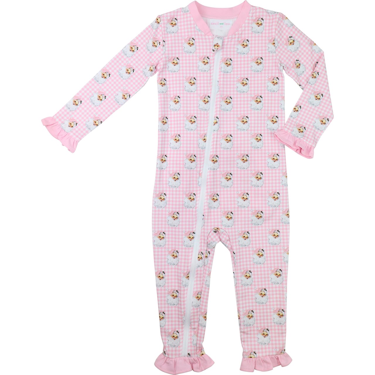 Pink Knit Gingham Santa Face Zipper Pajamas