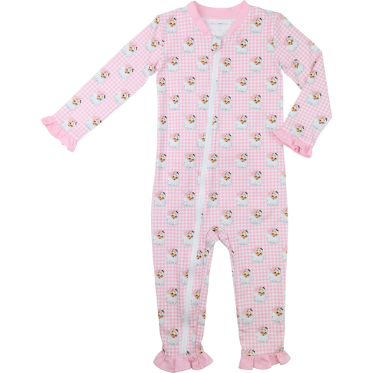 Pink Knit Gingham Santa Face Zipper Pajamas