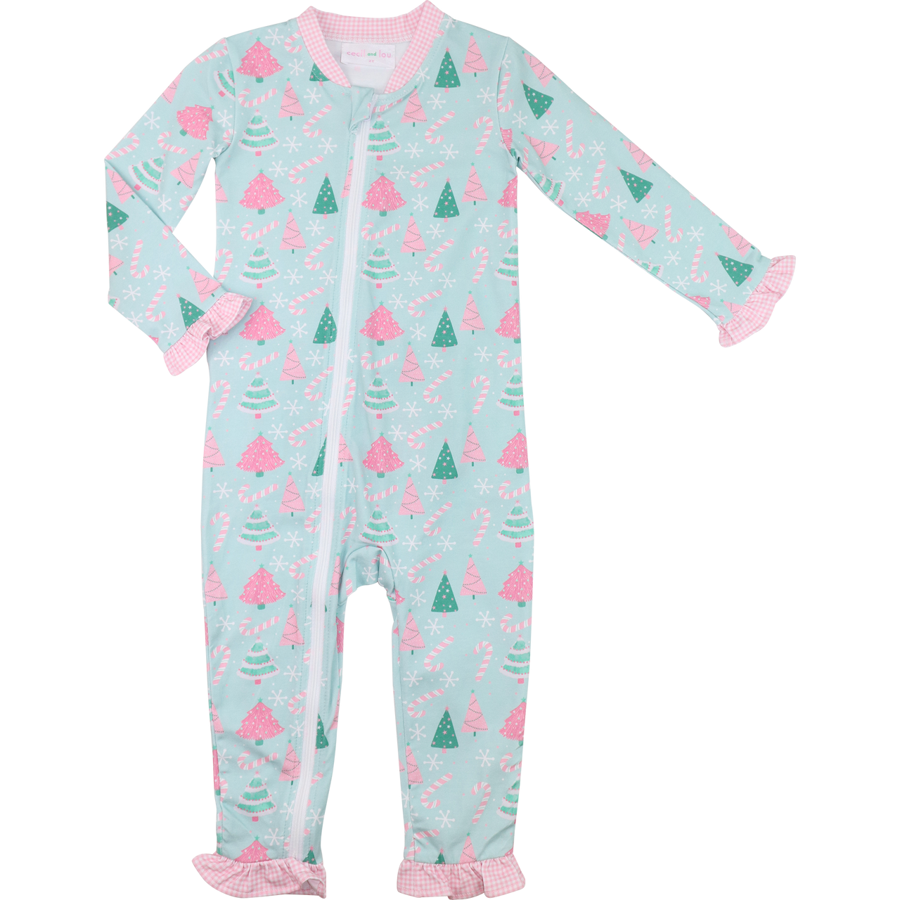 Green And Pink Candy Cane And Christmas Tree Knit Zipper Pajamas