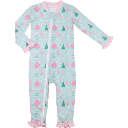 Green And Pink Candy Cane And Christmas Tree Knit Zipper Pajamas