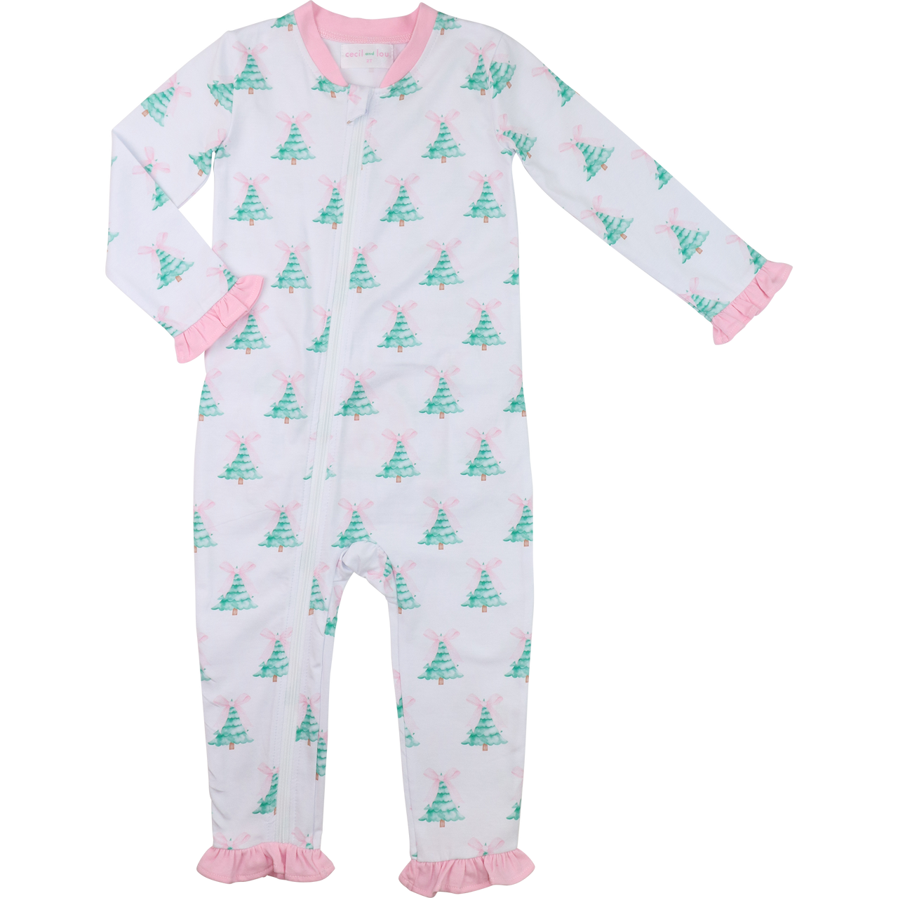 Pink And Green Christmas Tree Knit Zipper Pajamas