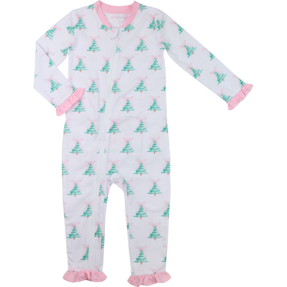 Pink And Green Christmas Tree Knit Zipper Pajamas