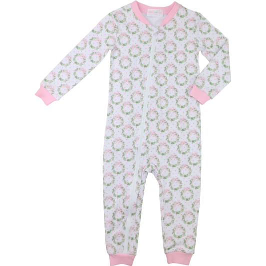 Pink Dot Knit Christmas Wreath Knit Zipper Pajamas