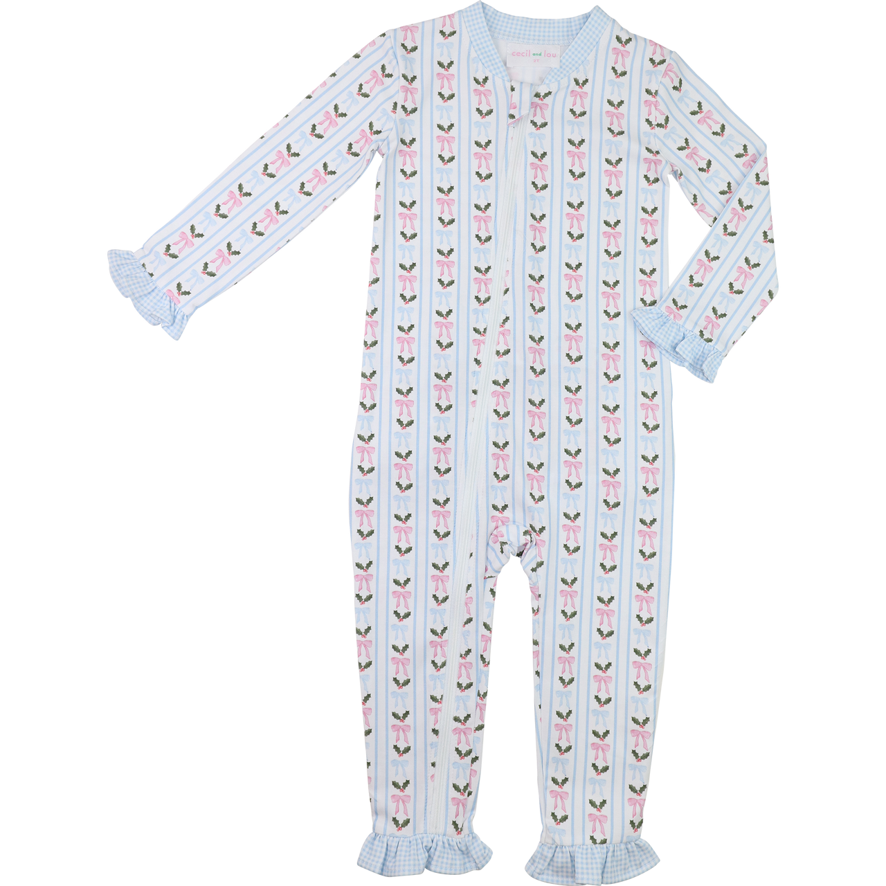 Pink And Blue Holly And Bow Knit Zipper Pajamas