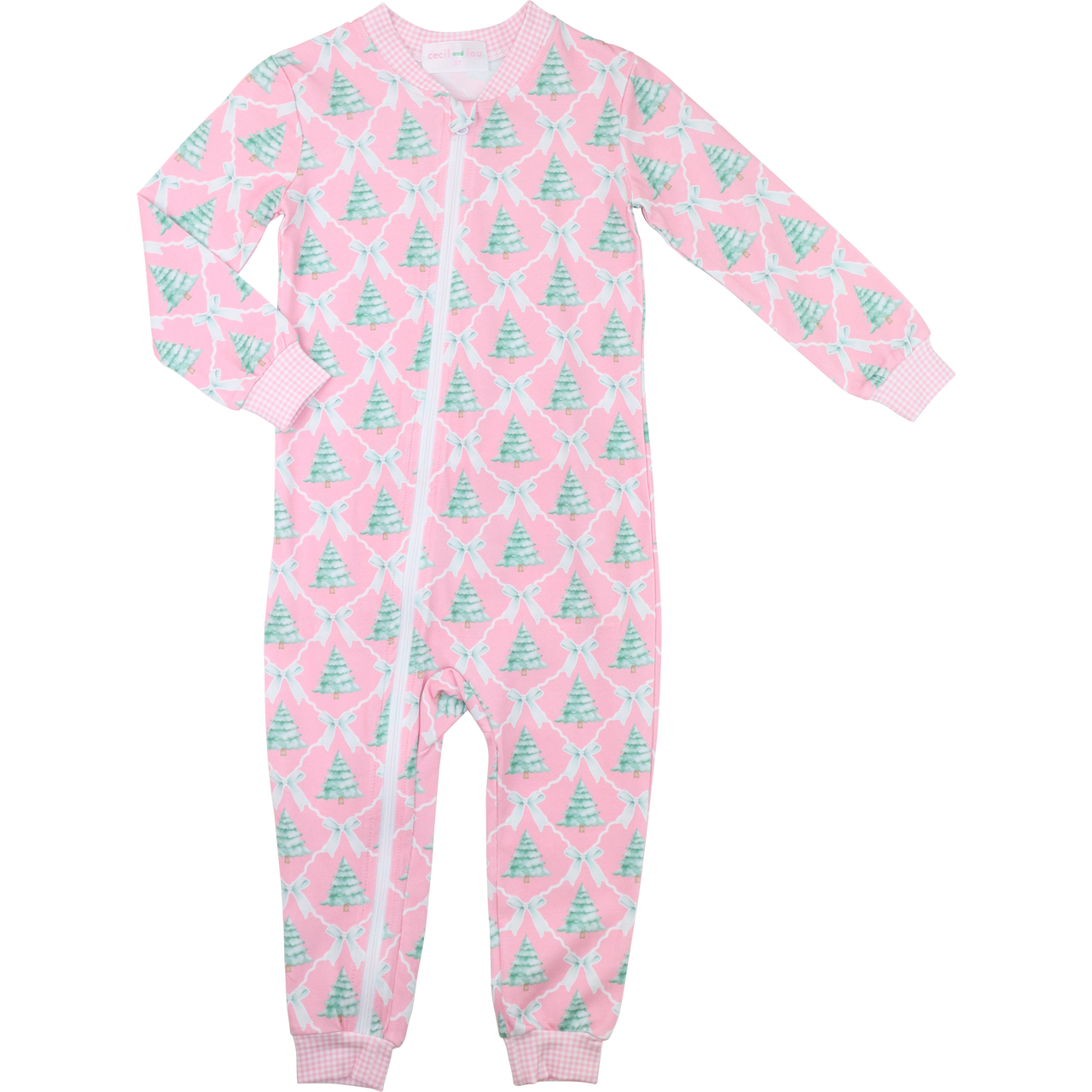 Pink And Green Bow And Christmas Tree Knit Zipper Pajamas