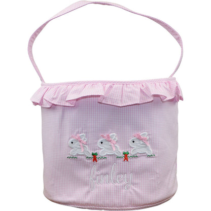 Pink Gingham Applique Bunnies Easter Basket