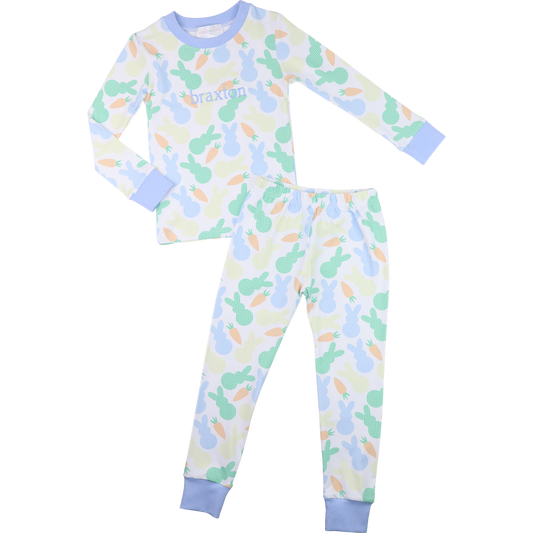 Blue Pastel Bunny And Carrot Print Knit Pajamas