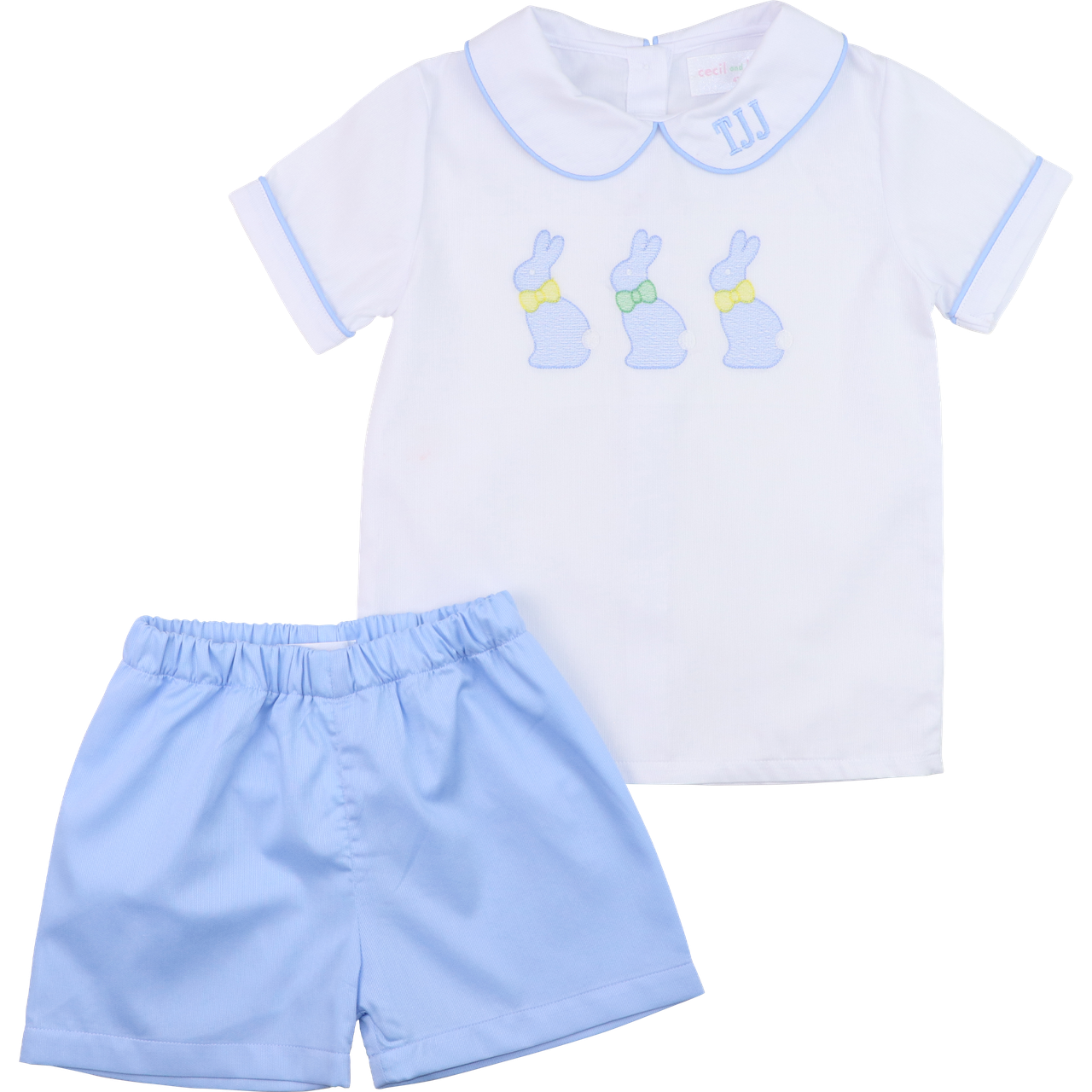 Blue And White Shadow Embroidered Bunny Short Set