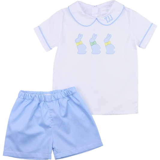 Blue And White Shadow Embroidered Bunny Short Set