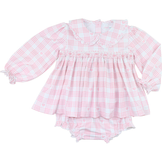 Pink Knit Smocked Plaid Heart Diaper Set