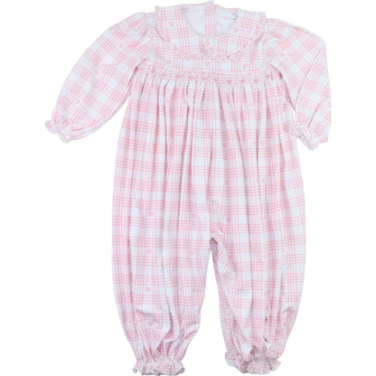 Pink Knit Smocked Plaid Heart Print Long Bubble