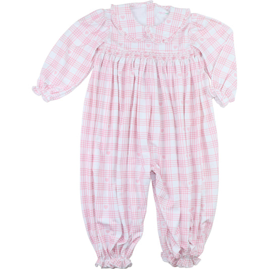 Pink Knit Smocked Plaid Heart Print Long Bubble