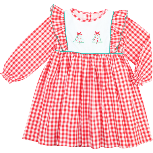 Red Check Shadow Embroidered Christmas Tree Dress