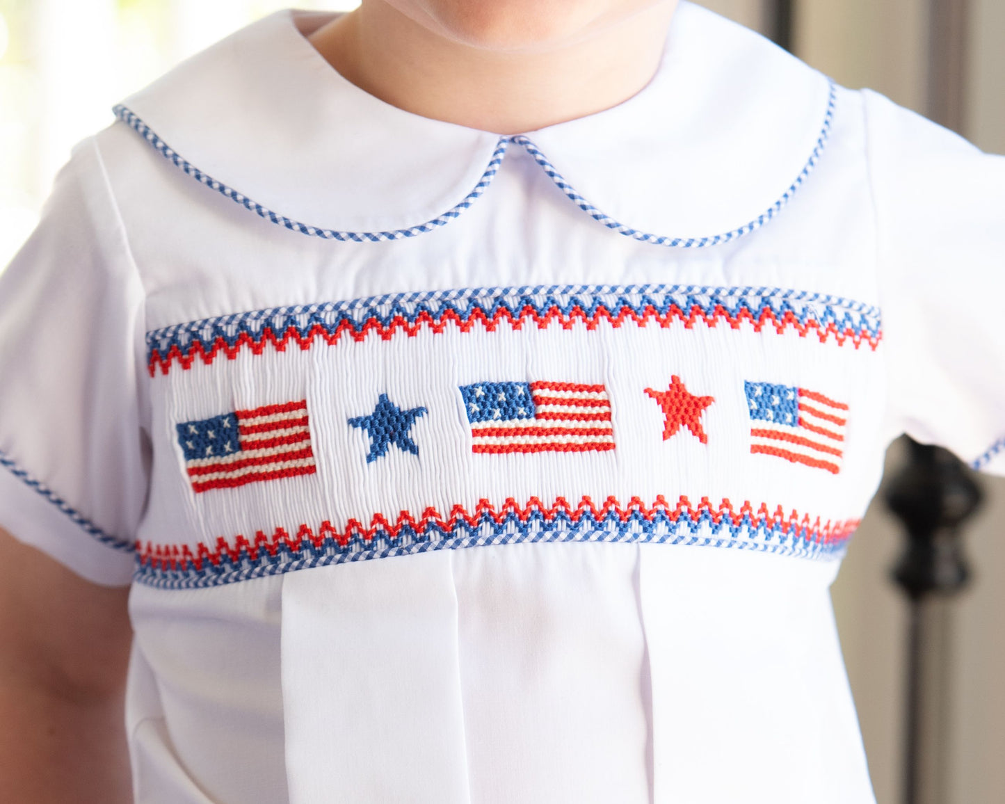 Navy Gingham Smocked Flag And Star Short Set