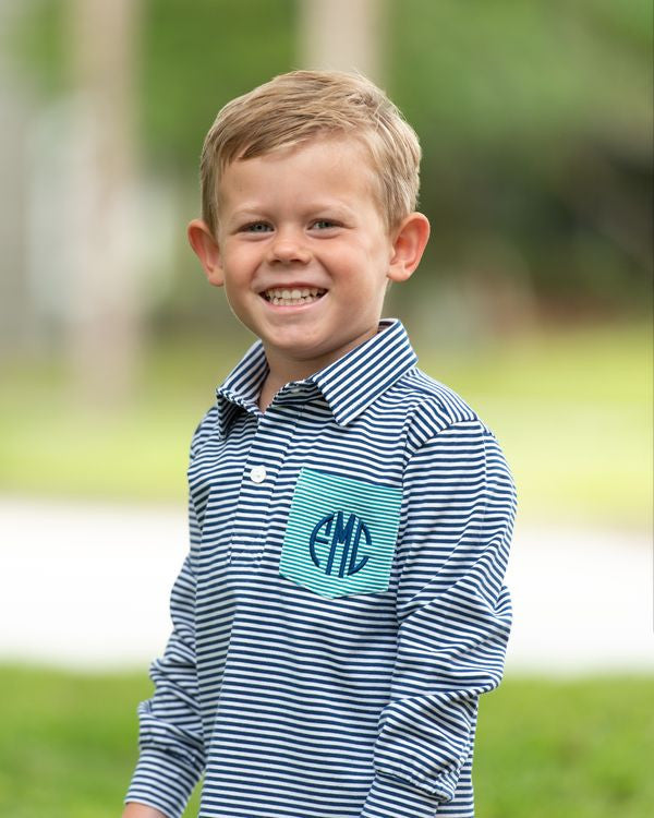 Navy And Green Striped Knit Polo