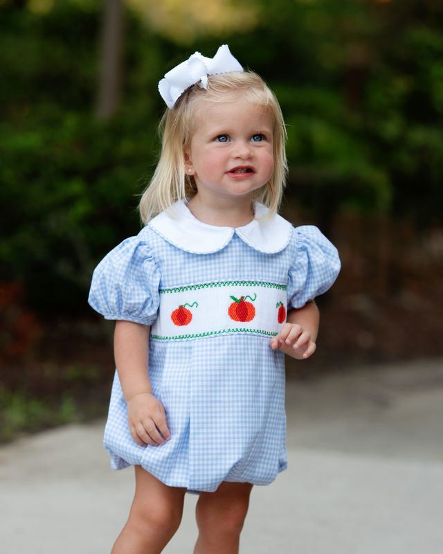 Blue Gingham Smocked Pumpkin Bubble