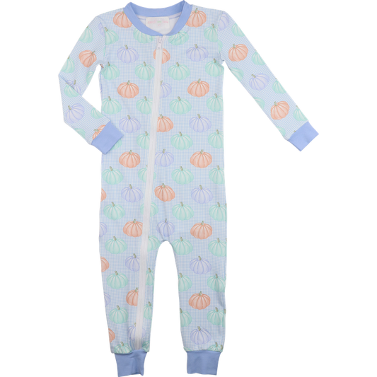 Blue Gingham Pumpkin Print Knit Zipper Pajamas