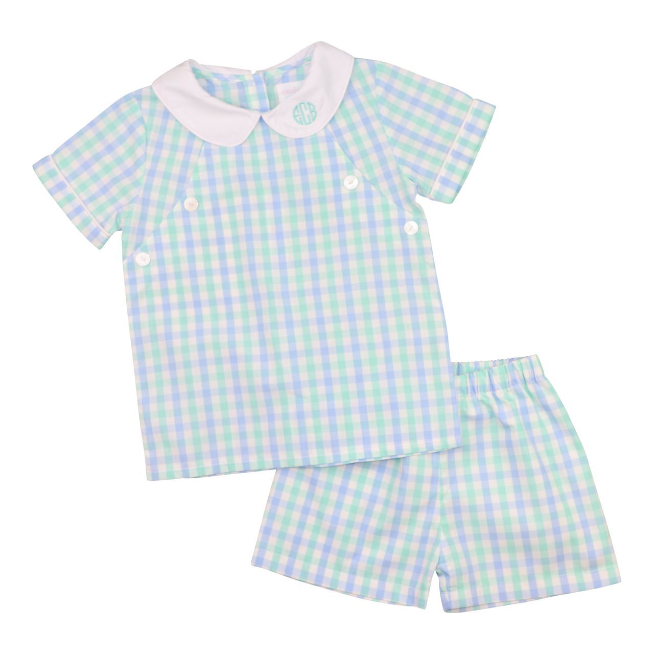 Blue And Mint Check Button Short Set