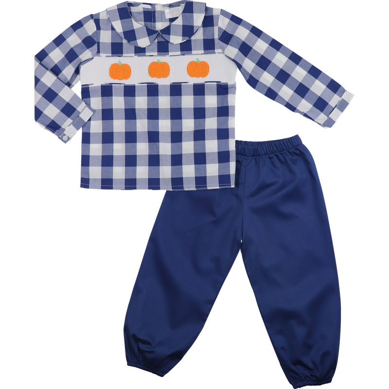 Navy Check Smocked Pumpkin Pant Set