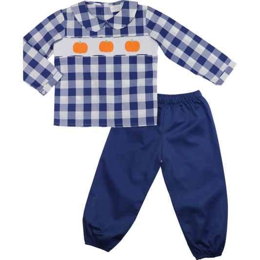 Navy Check Smocked Pumpkin Pant Set