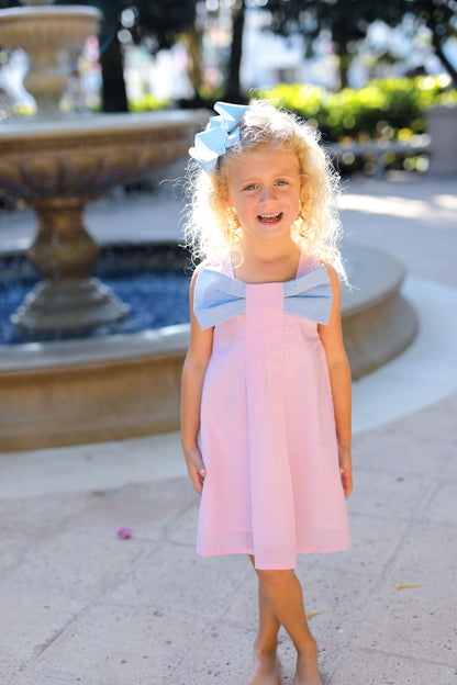 Pink And Blue Seersucker Pleated Bow Dress